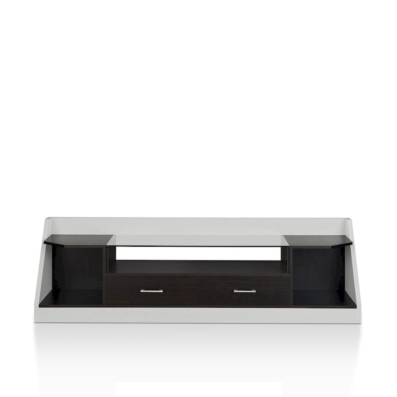 Meuble TV blanc/espresso de 178 cm avec plateau en verre trempé, 2 tiroirs et 3 étagères – Convient aux téléviseurs jusqu'à 60 po
