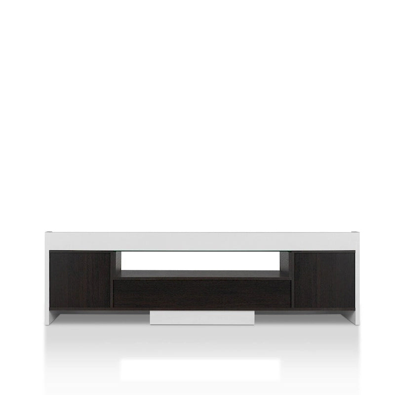Meuble TV blanc/espresso de 178 cm avec plateau en verre trempé, 2 tiroirs et 3 étagères – Convient aux téléviseurs jusqu'à 60 po