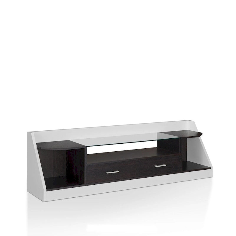 Meuble TV blanc/espresso de 178 cm avec plateau en verre trempé, 2 tiroirs et 3 étagères – Convient aux téléviseurs jusqu'à 60 po