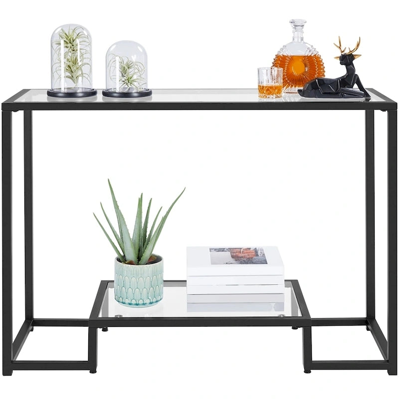 Console en verre trempé à 2 niveaux noir/or avec structure en métal