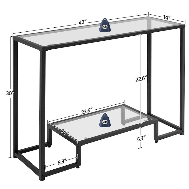 Console en verre trempé à 2 niveaux noir/or avec structure en métal