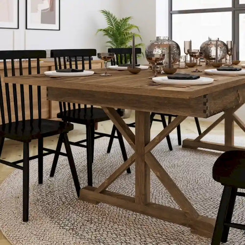 Table à manger rectangulaire pliante en pin massif rustique antique / rustique antique avec pieds en X – Peut accueillir jusqu'à 8 personnes