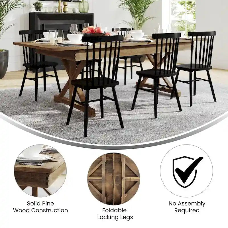 Table à manger rectangulaire pliante en pin massif rustique antique / rustique antique avec pieds en X – Peut accueillir jusqu'à 8 personnes