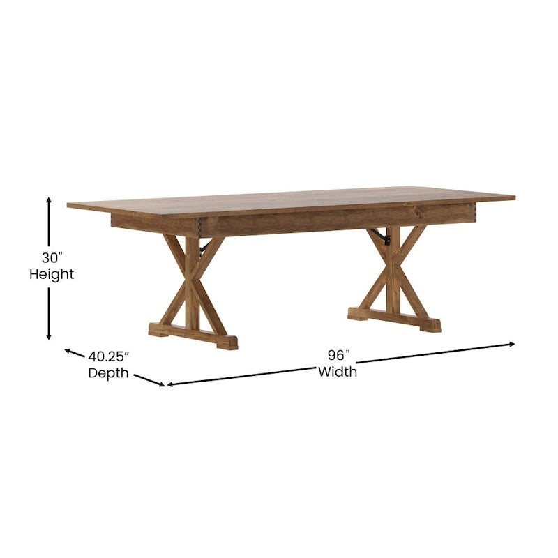 Table à manger rectangulaire pliante en pin massif rustique antique / rustique antique avec pieds en X – Peut accueillir jusqu'à 8 personnes