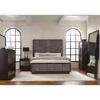 Lit Capitonnage Horizontal avec Garniture Dorée en Similicuir Poivre Gris et Fumé – Queen / King / California King, 2 personnes