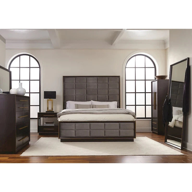 Lit Capitonnage Horizontal avec Garniture Dorée en Similicuir Poivre Gris et Fumé – Queen / King / California King, 2 personnes