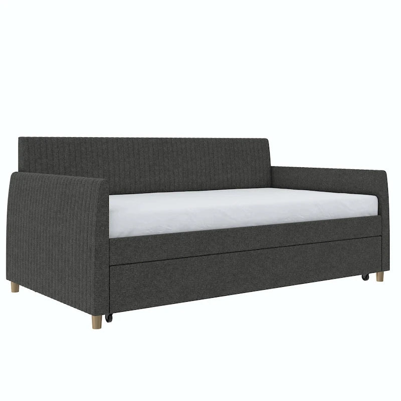 Lit de repos jumeau capitonné en velours bleu avec tiroir gigogne et pieds coniques en laiton – 1 personne