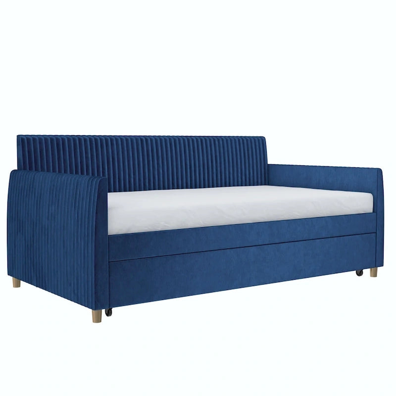 Lit de repos jumeau capitonné en velours bleu avec tiroir gigogne et pieds coniques en laiton – 1 personne