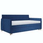 Lit de repos jumeau capitonné en velours bleu avec tiroir gigogne et pieds coniques en laiton – 1 personne