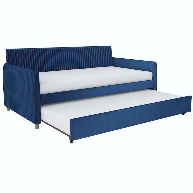 Lit de repos jumeau capitonné en velours bleu avec tiroir gigogne et pieds coniques en laiton – 1 personne
