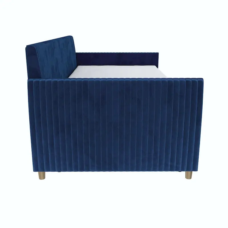 Lit de repos jumeau capitonné en velours bleu avec tiroir gigogne et pieds coniques en laiton – 1 personne