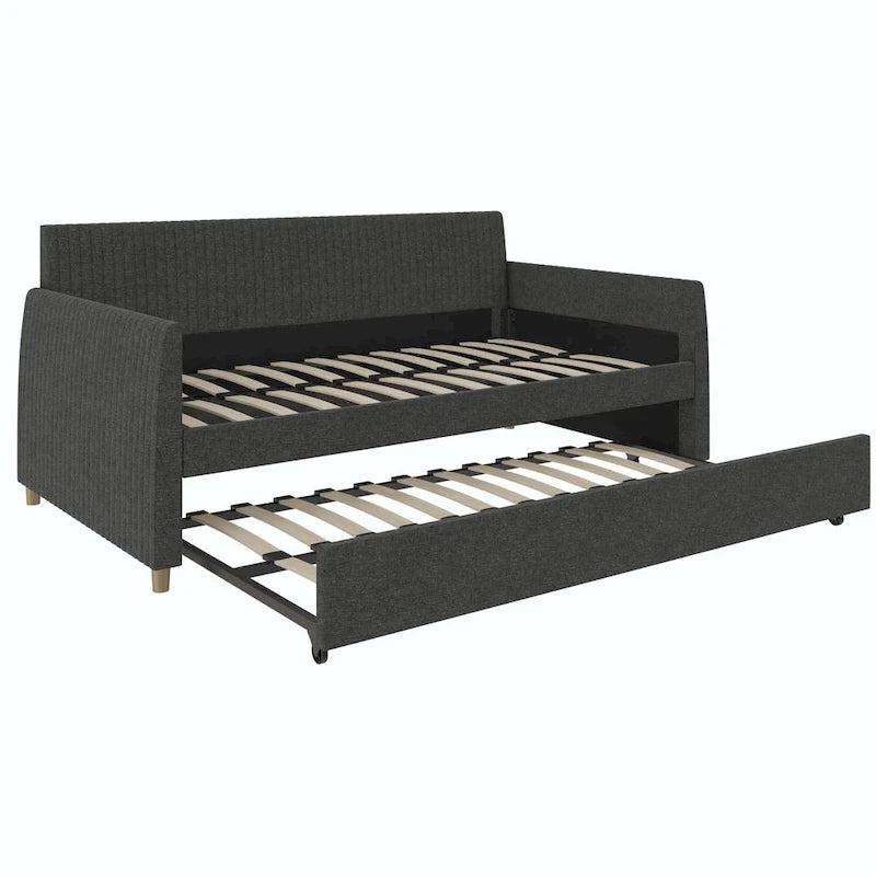 Lit de repos jumeau capitonné en velours bleu avec tiroir gigogne et pieds coniques en laiton – 1 personne