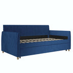 Lit de repos jumeau capitonné en velours bleu avec tiroir gigogne et pieds coniques en laiton – 1 personne
