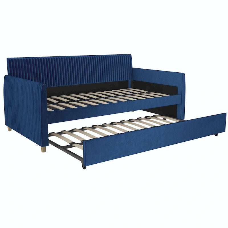 Lit de repos jumeau capitonné en velours bleu avec tiroir gigogne et pieds coniques en laiton – 1 personne
