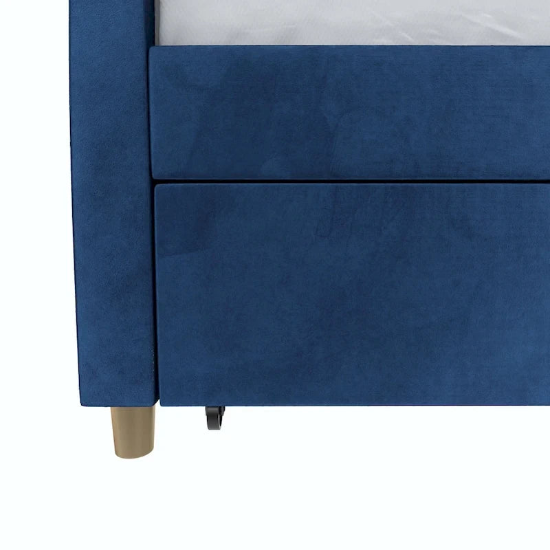Lit de repos jumeau capitonné en velours bleu avec tiroir gigogne et pieds coniques en laiton – 1 personne