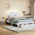 Lit plateforme capitonné Queen Blanc/Beige/Gris avec lumières LED, ports USB et tiroir de rangement – 2 personnes