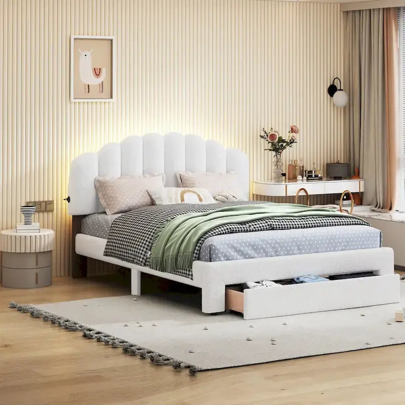 Lit plateforme capitonné Queen Blanc/Beige/Gris avec lumières LED, ports USB et tiroir de rangement – 2 personnes