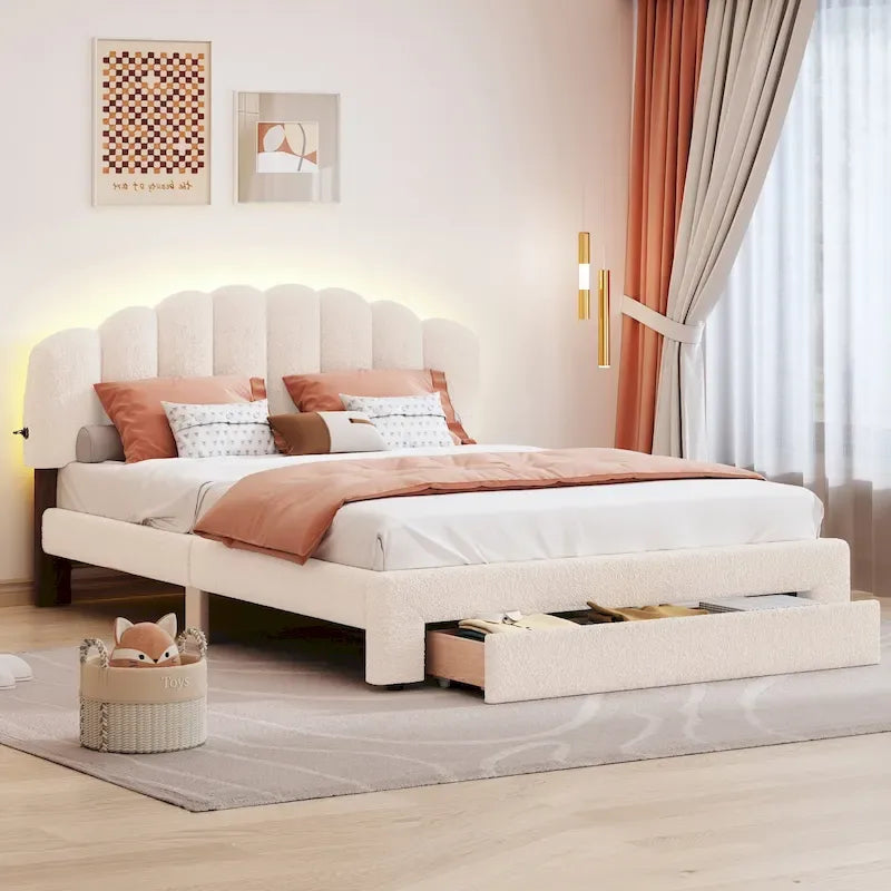 Lit plateforme capitonné Queen Blanc/Beige/Gris avec lumières LED, ports USB et tiroir de rangement – 2 personnes