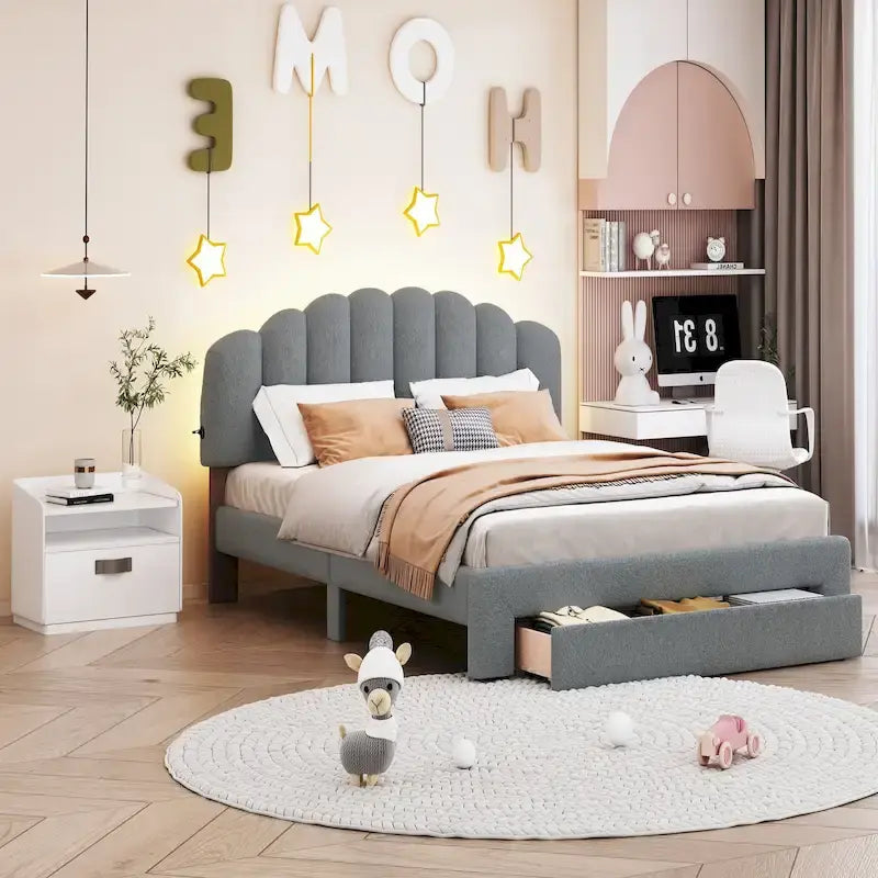 Lit plateforme capitonné Queen Blanc/Beige/Gris avec lumières LED, ports USB et tiroir de rangement – 2 personnes