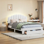 Lit plateforme capitonné Queen Blanc/Beige/Gris avec lumières LED, ports USB et tiroir de rangement – 2 personnes