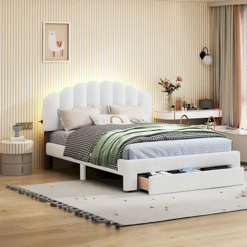 Lit plateforme capitonné Queen Blanc/Beige/Gris avec lumières LED, ports USB et tiroir de rangement – 2 personnes
