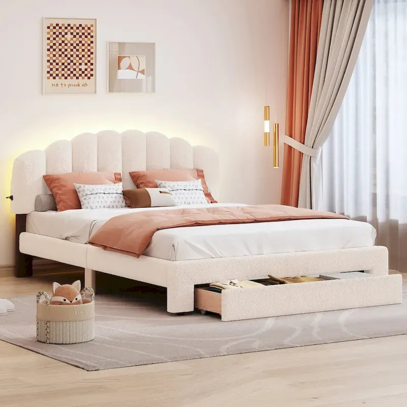 Lit plateforme capitonné Queen Blanc/Beige/Gris avec lumières LED, ports USB et tiroir de rangement – 2 personnes