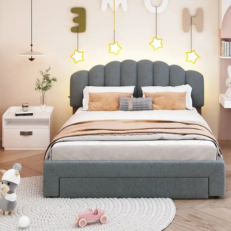 Lit plateforme capitonné Queen Blanc/Beige/Gris avec lumières LED, ports USB et tiroir de rangement – 2 personnes