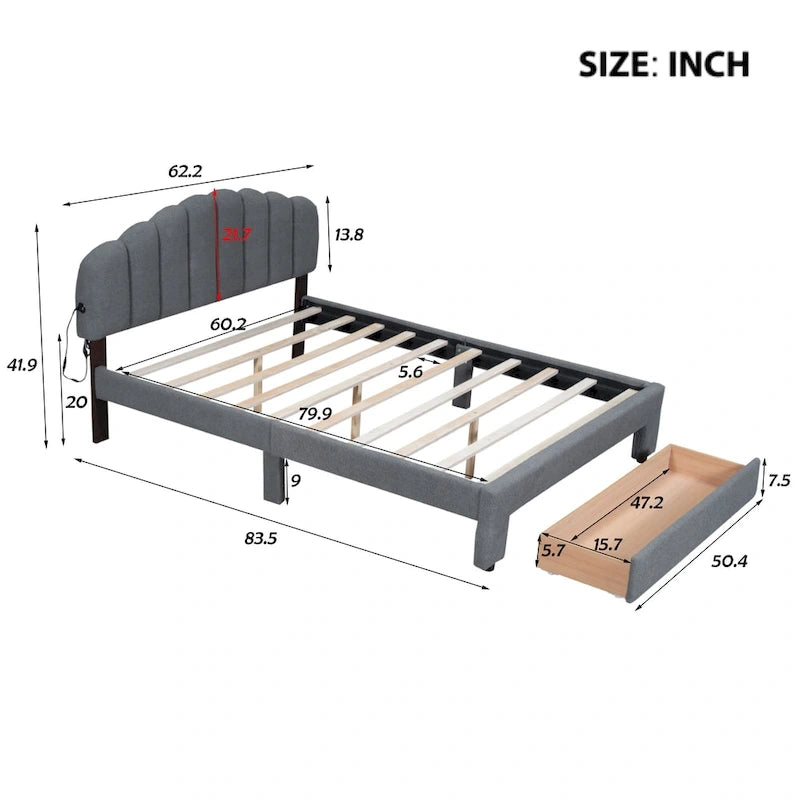 Lit plateforme capitonné Queen Blanc/Beige/Gris avec lumières LED, ports USB et tiroir de rangement – 2 personnes