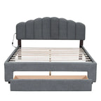 Lit plateforme capitonné Queen Blanc/Beige/Gris avec lumières LED, ports USB et tiroir de rangement – 2 personnes