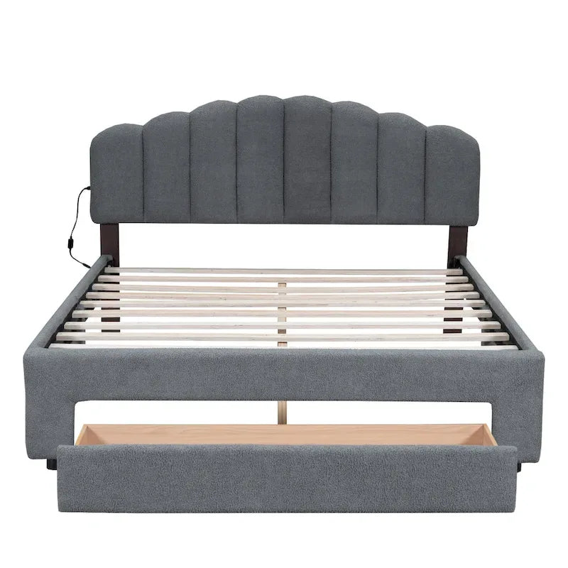 Lit plateforme capitonné Queen Blanc/Beige/Gris avec lumières LED, ports USB et tiroir de rangement – 2 personnes