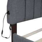 Lit plateforme capitonné Queen Blanc/Beige/Gris avec lumières LED, ports USB et tiroir de rangement – 2 personnes