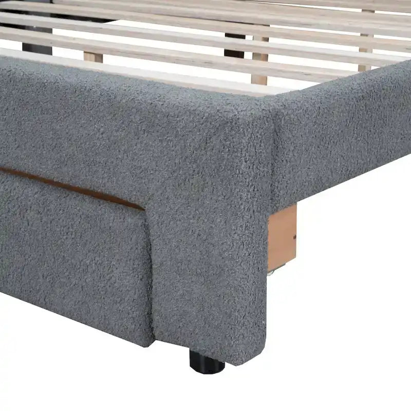 Lit plateforme capitonné Queen Blanc/Beige/Gris avec lumières LED, ports USB et tiroir de rangement – 2 personnes