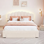 Lit plateforme capitonné Queen Blanc/Beige/Gris avec lumières LED, ports USB et tiroir de rangement – 2 personnes