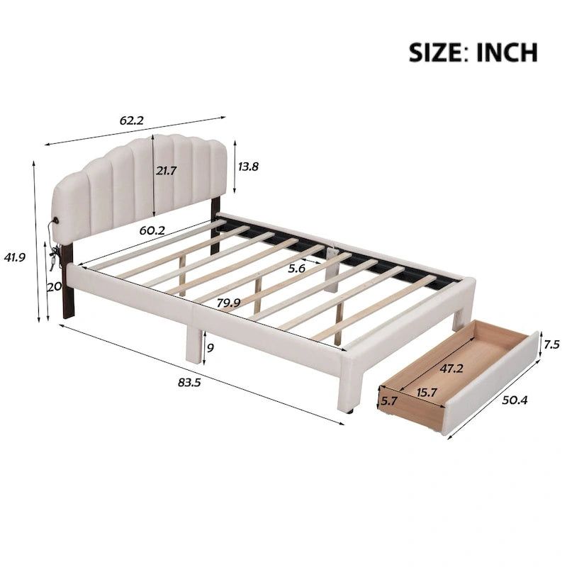 Lit plateforme capitonné Queen Blanc/Beige/Gris avec lumières LED, ports USB et tiroir de rangement – 2 personnes