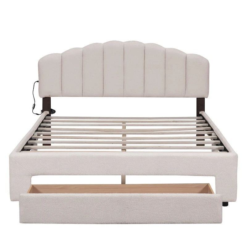 Lit plateforme capitonné Queen Blanc/Beige/Gris avec lumières LED, ports USB et tiroir de rangement – 2 personnes