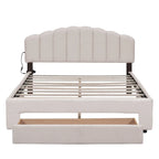 Lit plateforme capitonné Queen Blanc/Beige/Gris avec lumières LED, ports USB et tiroir de rangement – 2 personnes