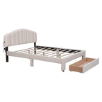 Lit plateforme capitonné Queen Blanc/Beige/Gris avec lumières LED, ports USB et tiroir de rangement – 2 personnes