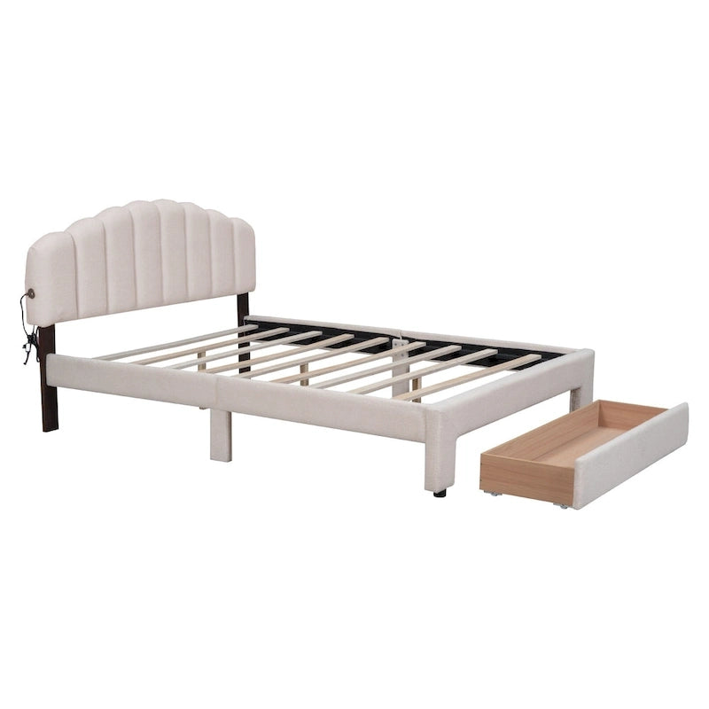 Lit plateforme capitonné Queen Blanc/Beige/Gris avec lumières LED, ports USB et tiroir de rangement – 2 personnes