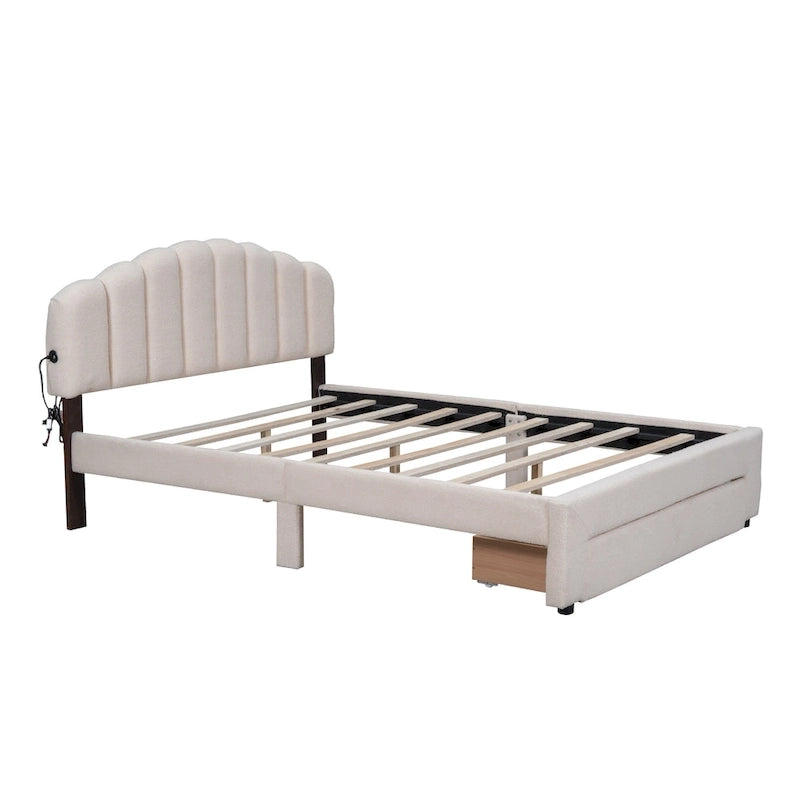 Lit plateforme capitonné Queen Blanc/Beige/Gris avec lumières LED, ports USB et tiroir de rangement – 2 personnes
