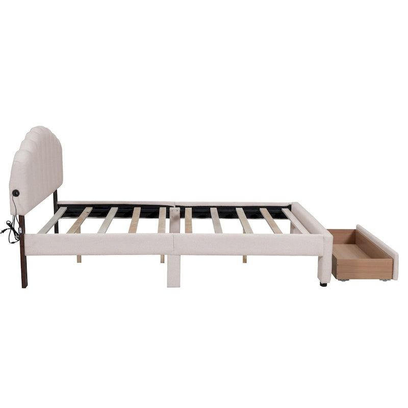 Lit plateforme capitonné Queen Blanc/Beige/Gris avec lumières LED, ports USB et tiroir de rangement – 2 personnes