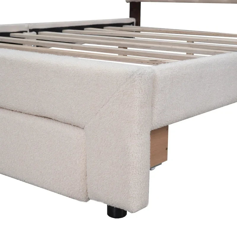 Lit plateforme capitonné Queen Blanc/Beige/Gris avec lumières LED, ports USB et tiroir de rangement – 2 personnes