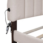 Lit plateforme capitonné Queen Blanc/Beige/Gris avec lumières LED, ports USB et tiroir de rangement – 2 personnes