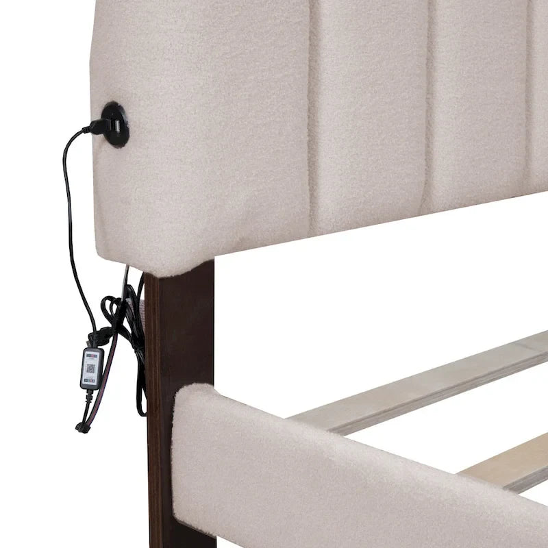 Lit plateforme capitonné Queen Blanc/Beige/Gris avec lumières LED, ports USB et tiroir de rangement – 2 personnes