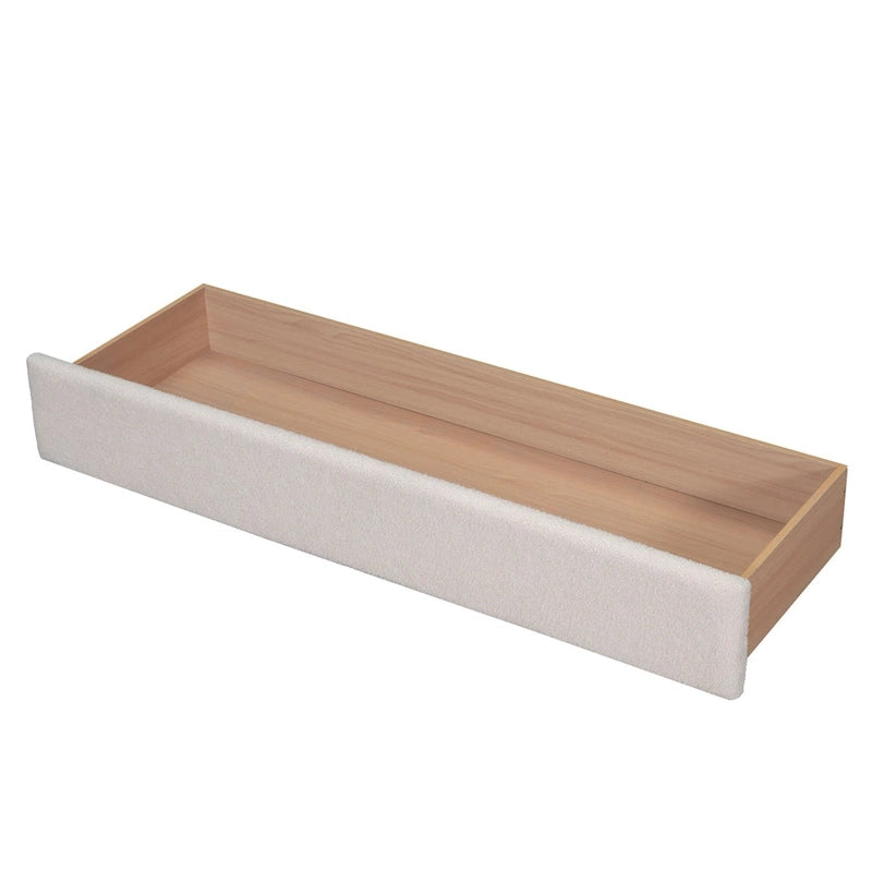 Lit plateforme capitonné Queen Blanc/Beige/Gris avec lumières LED, ports USB et tiroir de rangement – 2 personnes