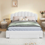 Lit plateforme capitonné Queen Blanc/Beige/Gris avec lumières LED, ports USB et tiroir de rangement – 2 personnes
