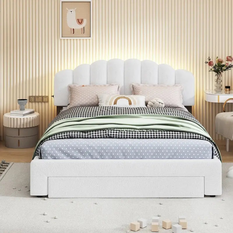 Lit plateforme capitonné Queen Blanc/Beige/Gris avec lumières LED, ports USB et tiroir de rangement – 2 personnes