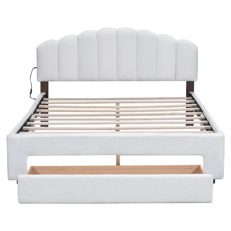 Lit plateforme capitonné Queen Blanc/Beige/Gris avec lumières LED, ports USB et tiroir de rangement – 2 personnes