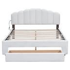Lit plateforme capitonné Queen Blanc/Beige/Gris avec lumières LED, ports USB et tiroir de rangement – 2 personnes