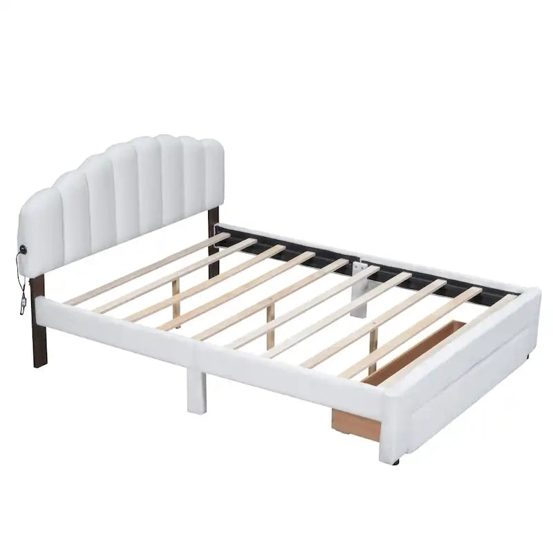 Lit plateforme capitonné Queen Blanc/Beige/Gris avec lumières LED, ports USB et tiroir de rangement – 2 personnes
