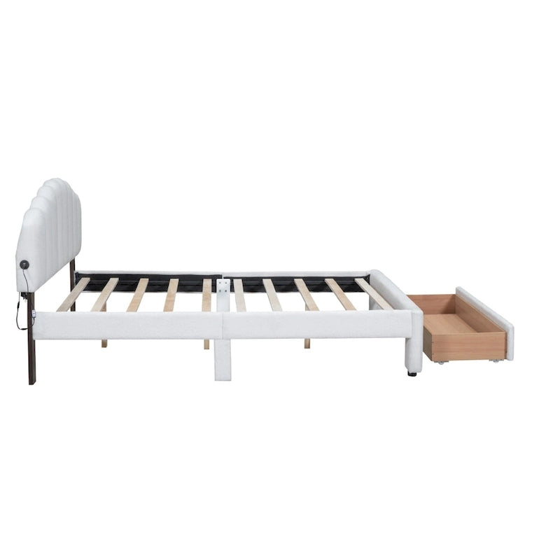Lit plateforme capitonné Queen Blanc/Beige/Gris avec lumières LED, ports USB et tiroir de rangement – 2 personnes